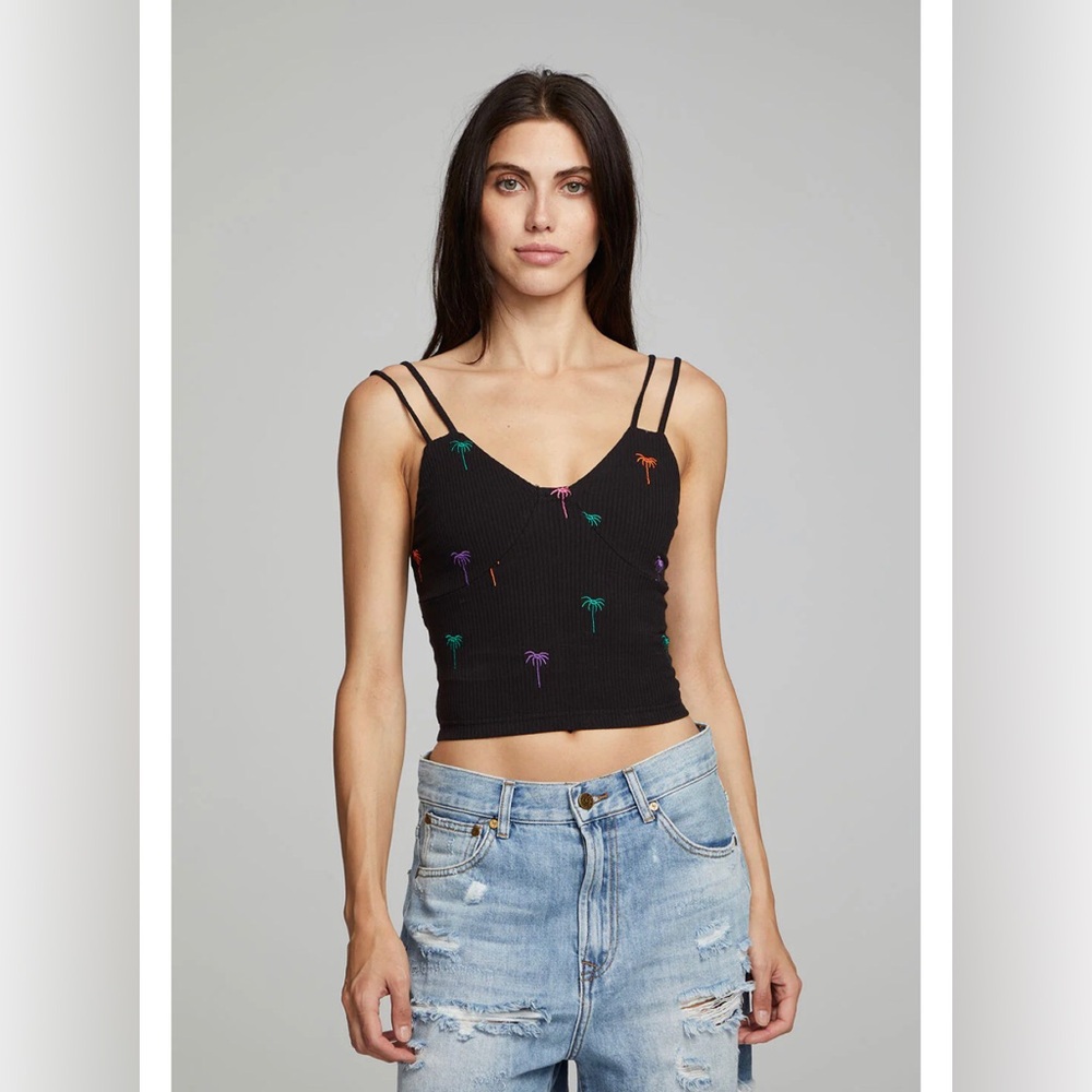 Chaser Strand Crop Top Womens S Black Palm Tree Embroidery NWT